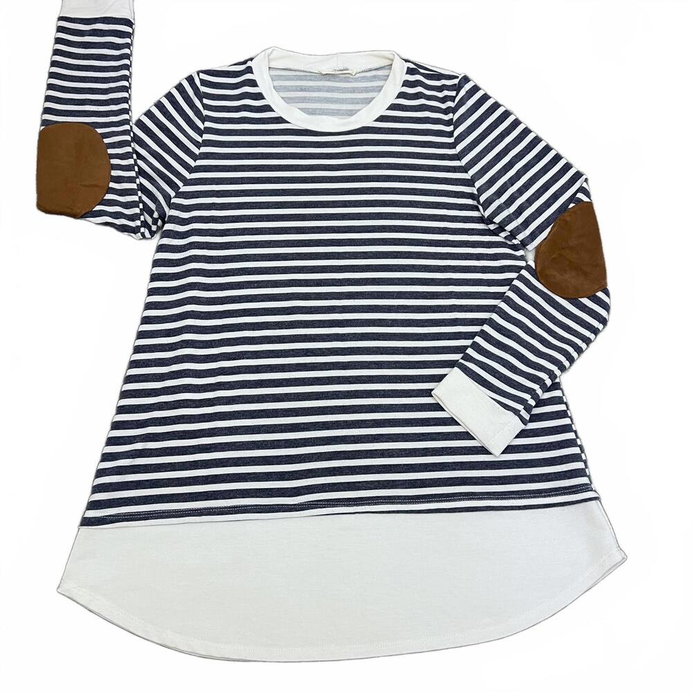First Look Women’s Navy White Stripe Long Sleeve Shirt Elbow Patch Layered Small